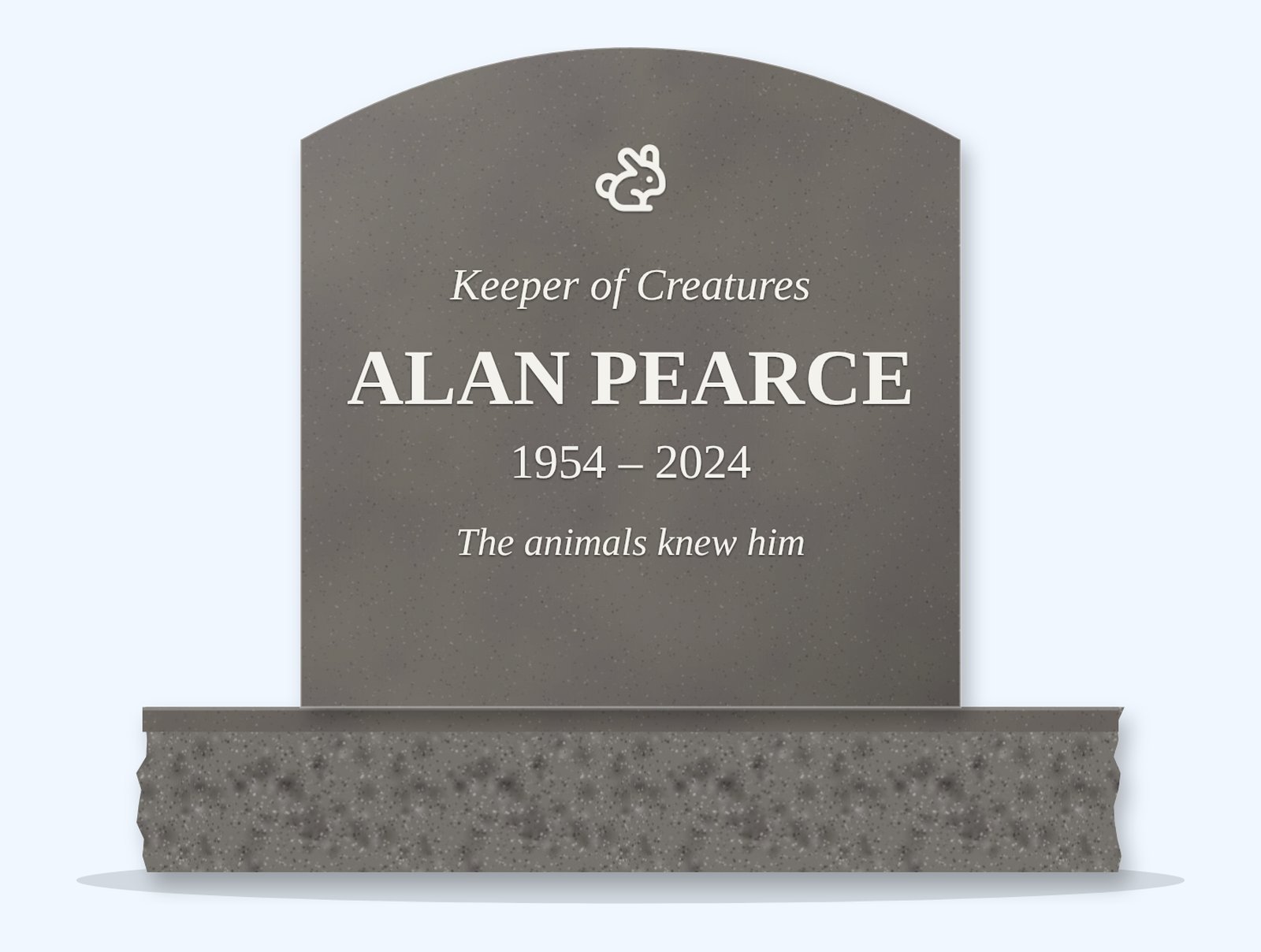 Steel Grey curved-top headstone on a granite base, engraved for Alan Pearce
