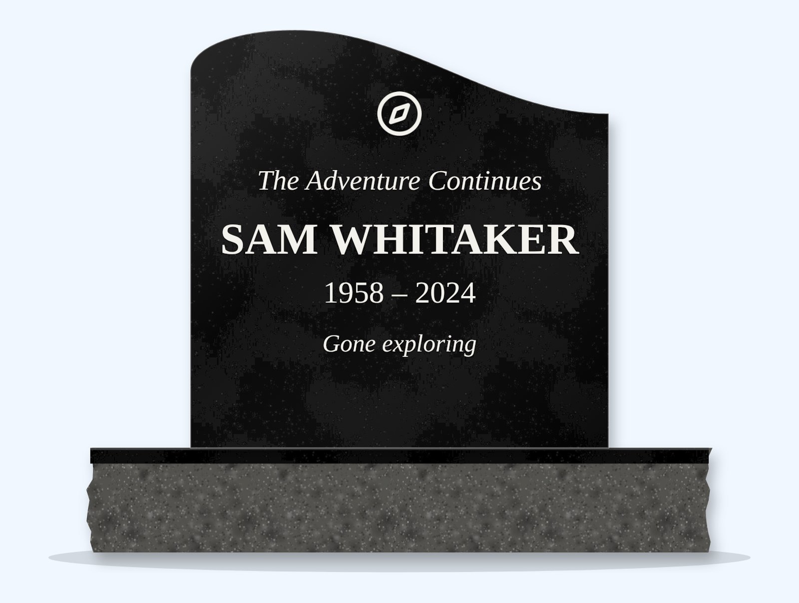 Absolute Black left-wave headstone on a granite base, engraved for Sam Whitaker