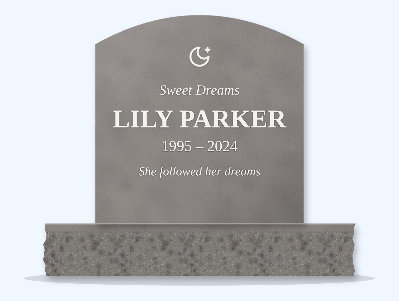 Indian Grey curved-top headstone on a granite base, engraved for Lily Parker