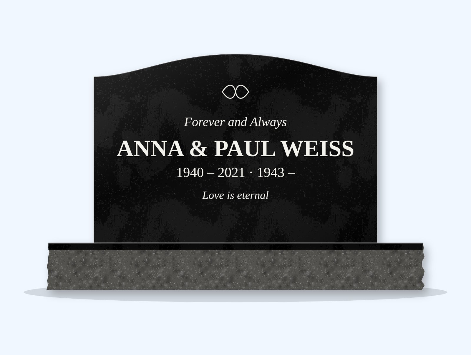 Absolute Black serpentine headstone on a granite base, engraved for Anna & Paul Weiss