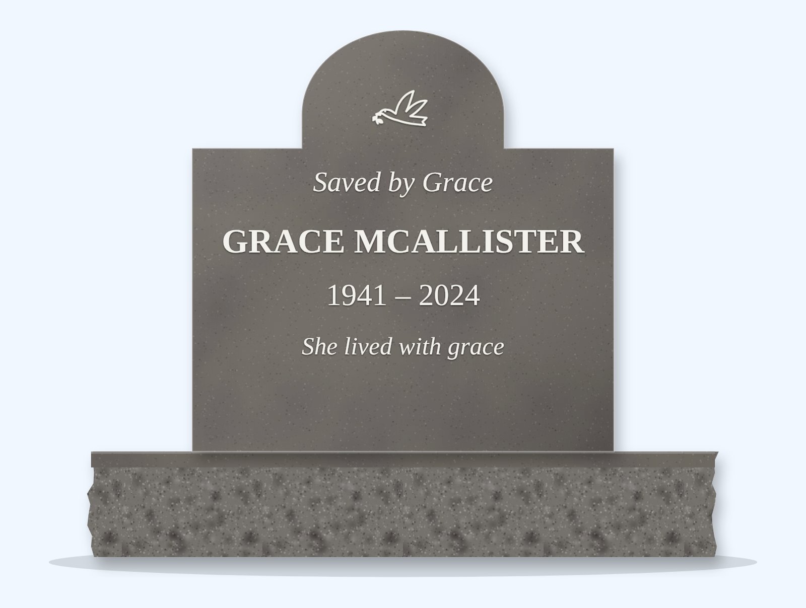 Steel Grey cathedral headstone on a granite base, engraved for Grace McAllister