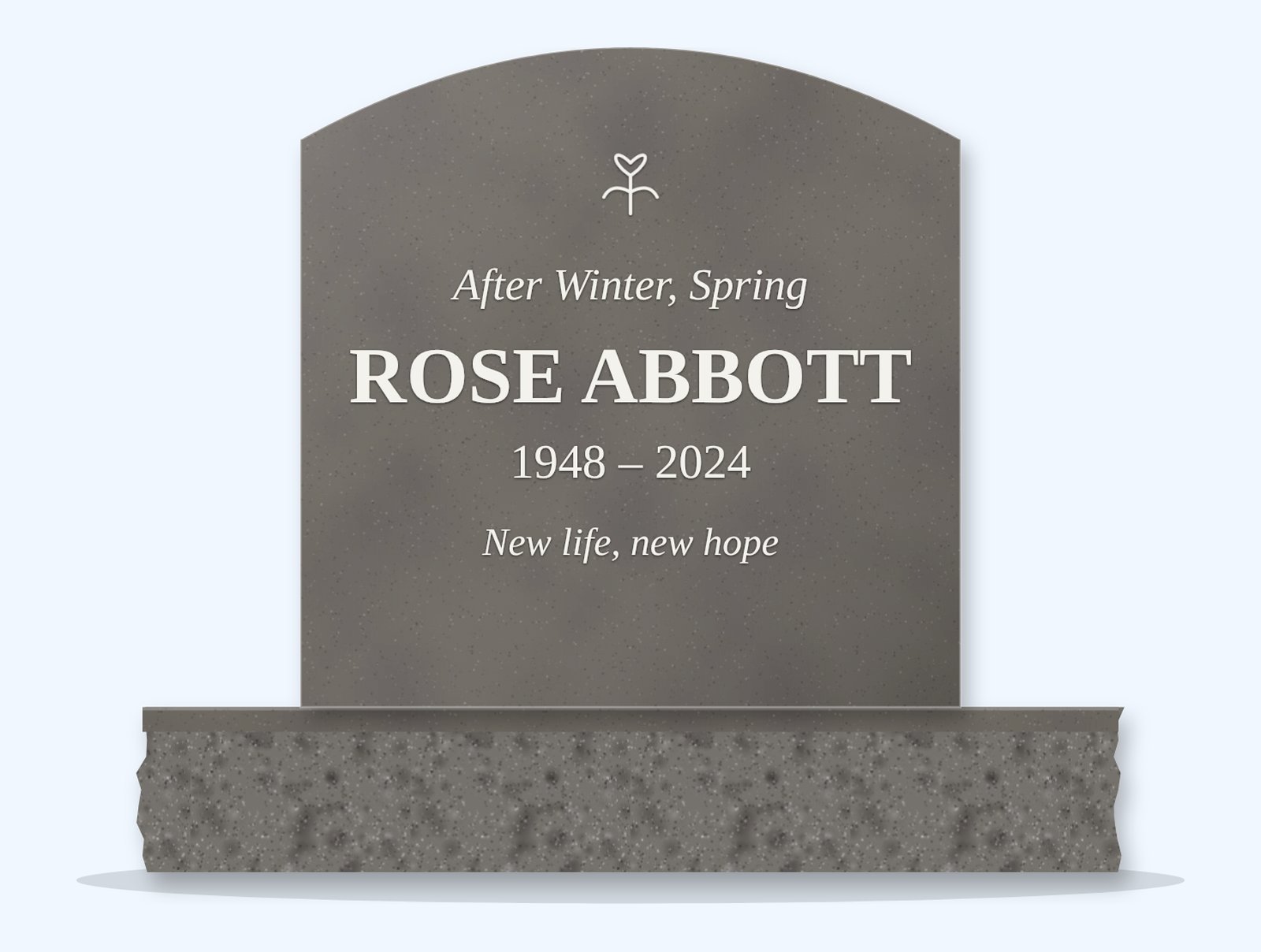 Steel Grey curved-top headstone on a granite base, engraved for Rose Abbott