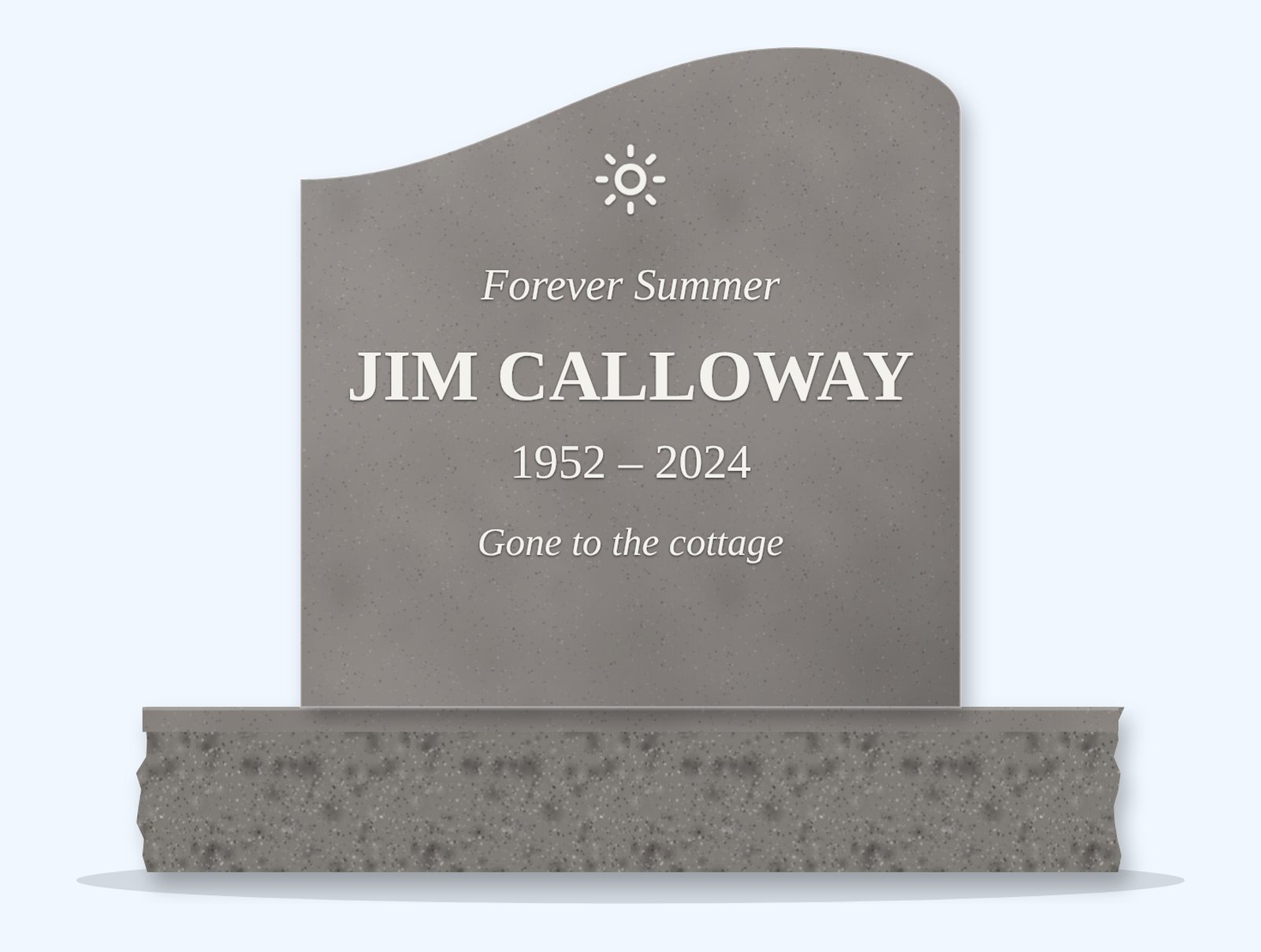 Indian Grey right-wave headstone on a granite base, engraved for Jim Calloway