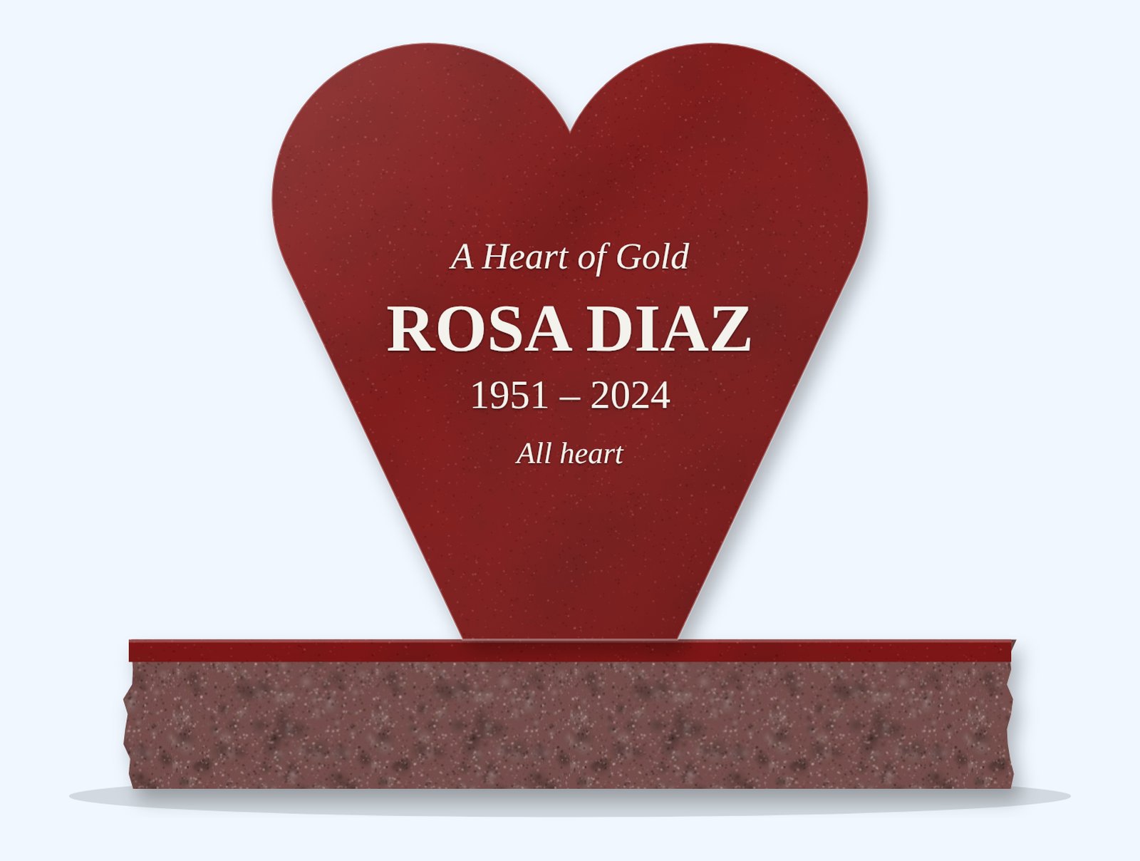 Imperial Red heart-shaped headstone on a granite base, engraved for Rosa Diaz