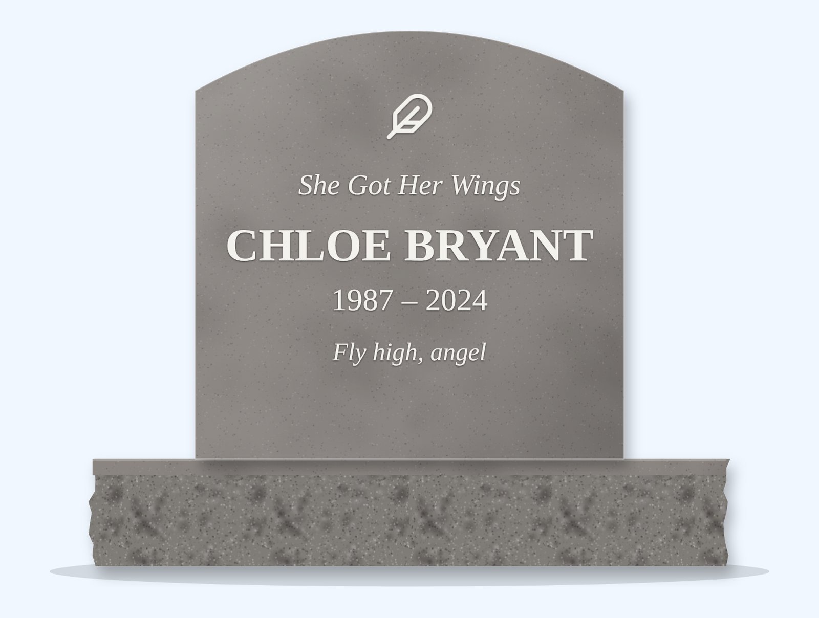 Indian Grey curved-top headstone on a granite base, engraved for Chloe Bryant