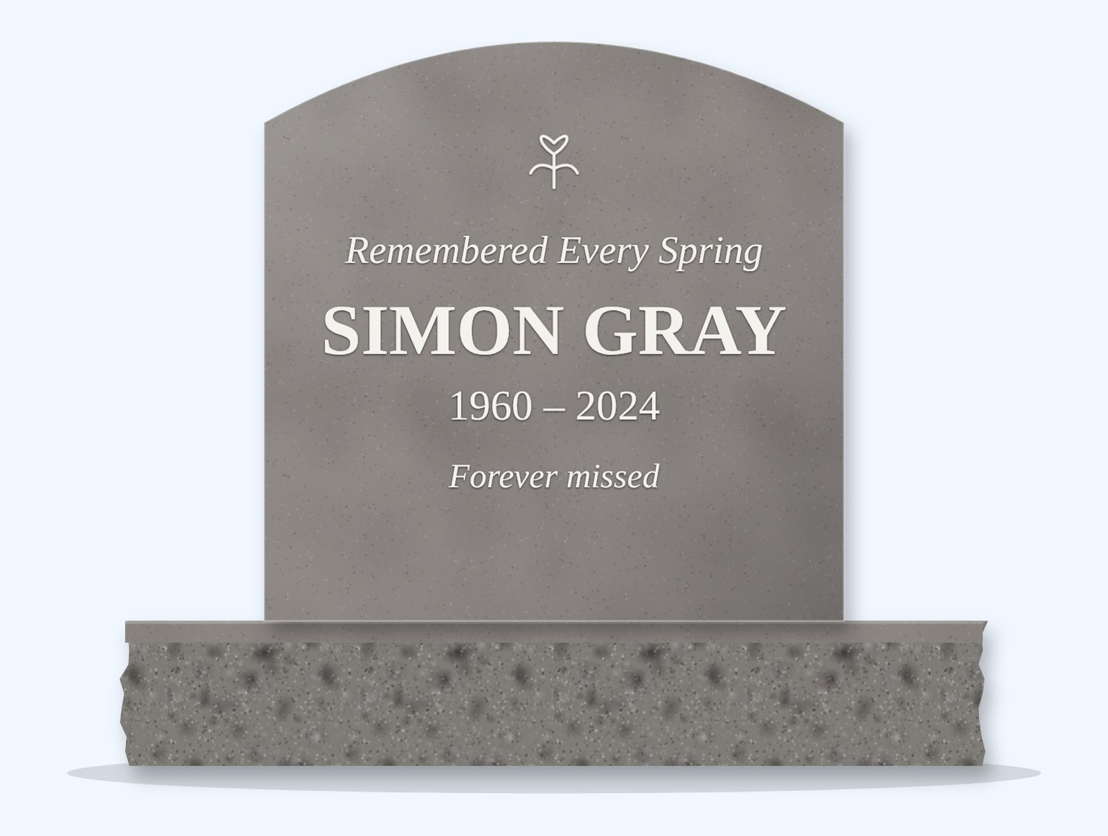 Indian Grey curved-top headstone on a granite base, engraved for Simon Gray