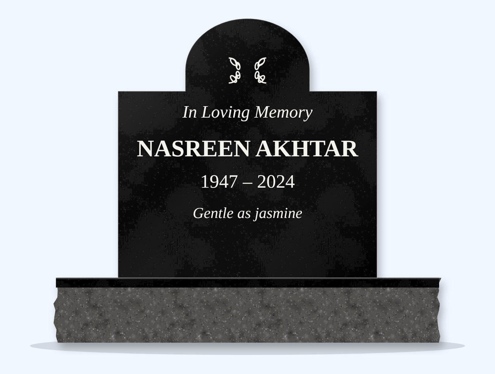 Absolute Black cathedral headstone on a granite base, engraved for Nasreen Akhtar