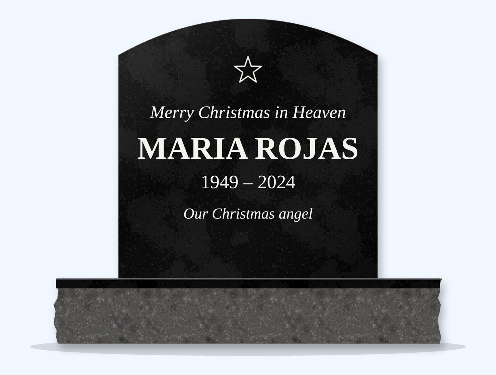 Absolute Black curved-top headstone on a granite base, engraved for Maria Rojas