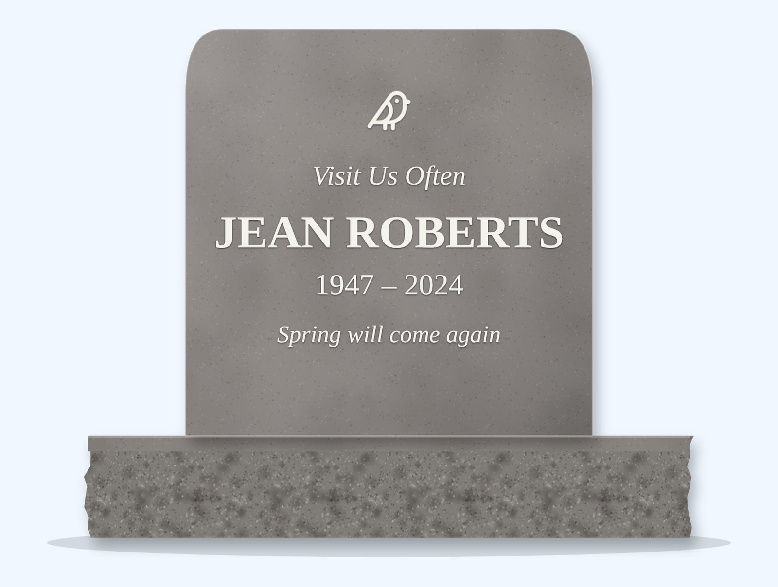 Indian Grey rounded headstone on a granite base, engraved for Jean Roberts