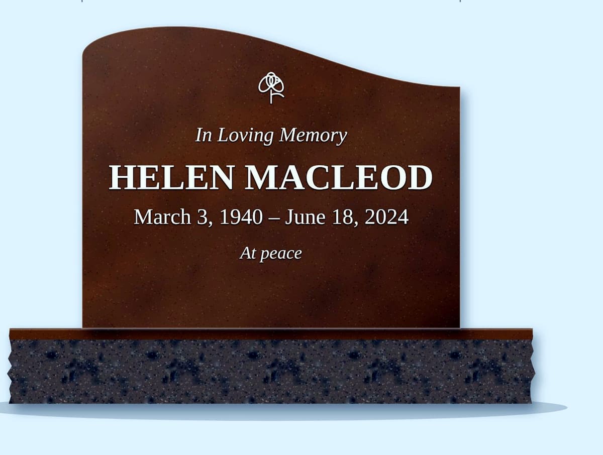 Tan Brown left wave headstone on a granite base, engraved for Helen MacLeod