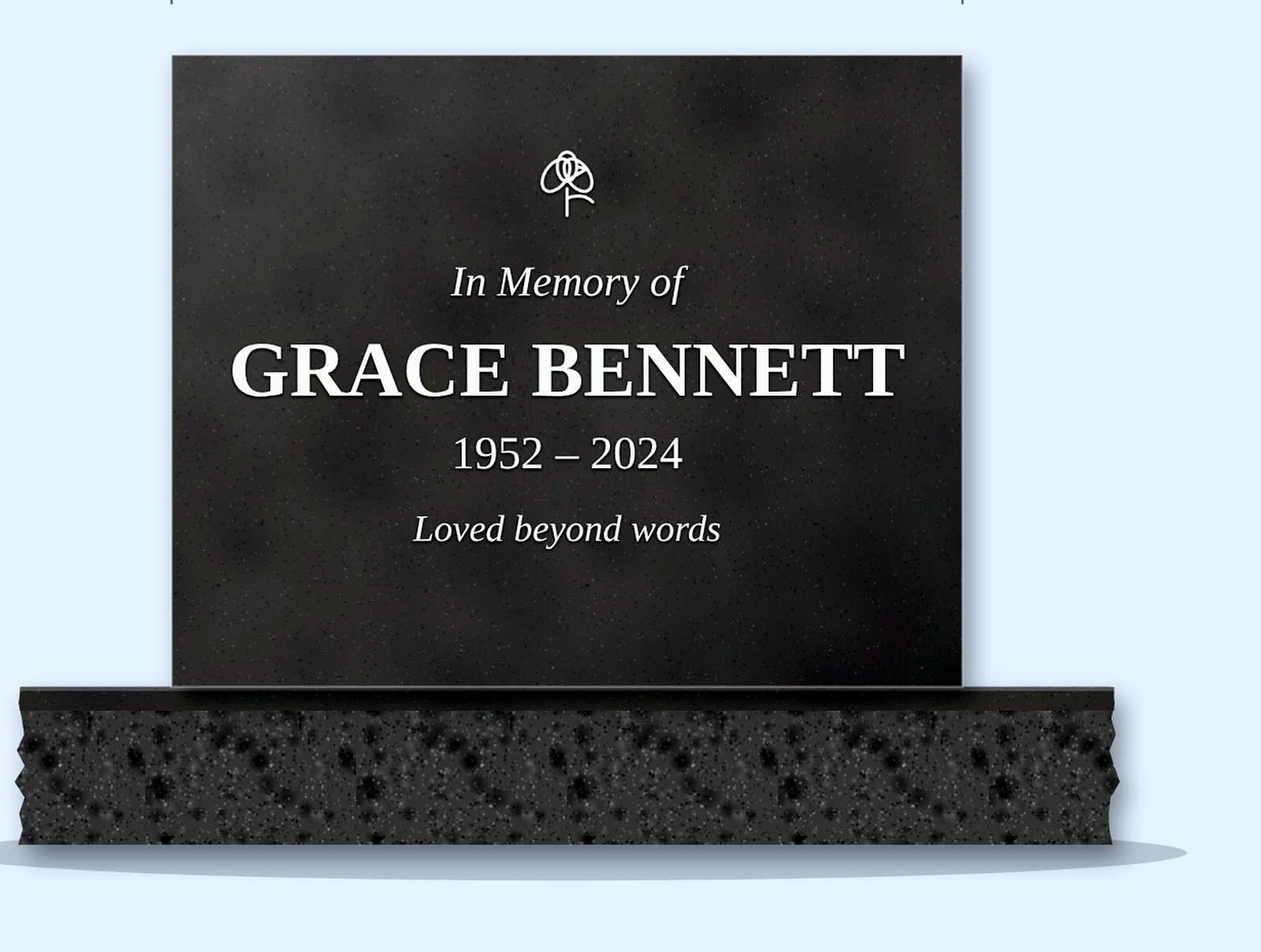 Steel Grey square headstone on a granite base, engraved for Grace Bennett