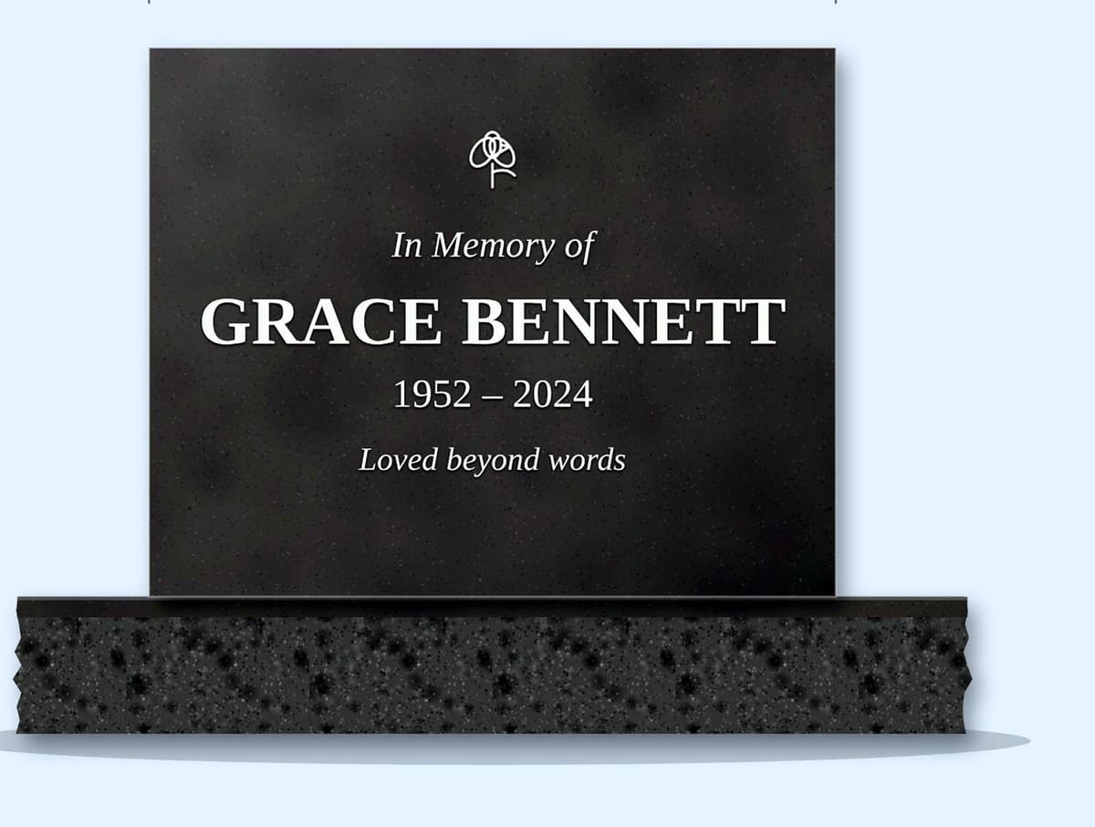 Steel Grey square headstone on a granite base, engraved for Grace Bennett