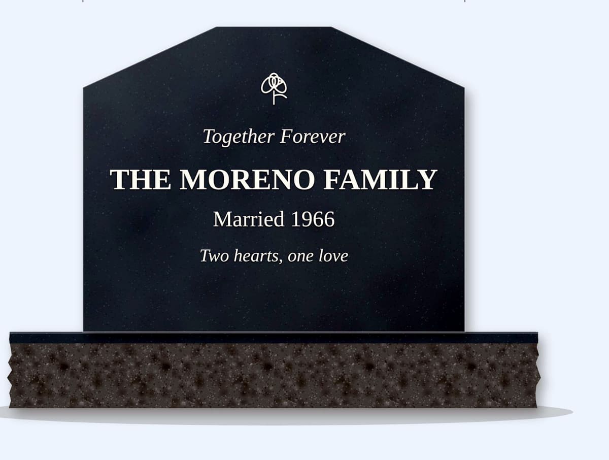 Bahamas Blue peak headstone on a granite base, engraved for the Moreno Family