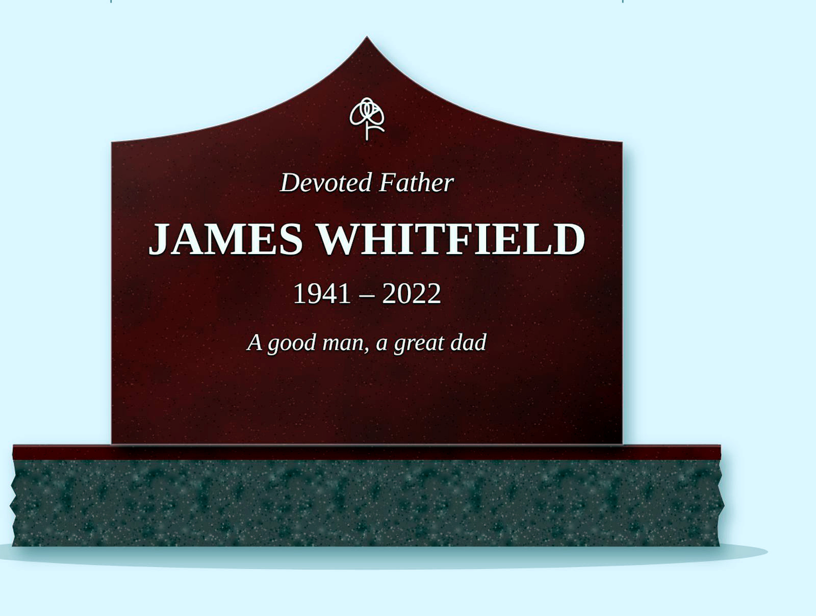 Indian Red curved gable headstone on a granite base, engraved for James Whitfield