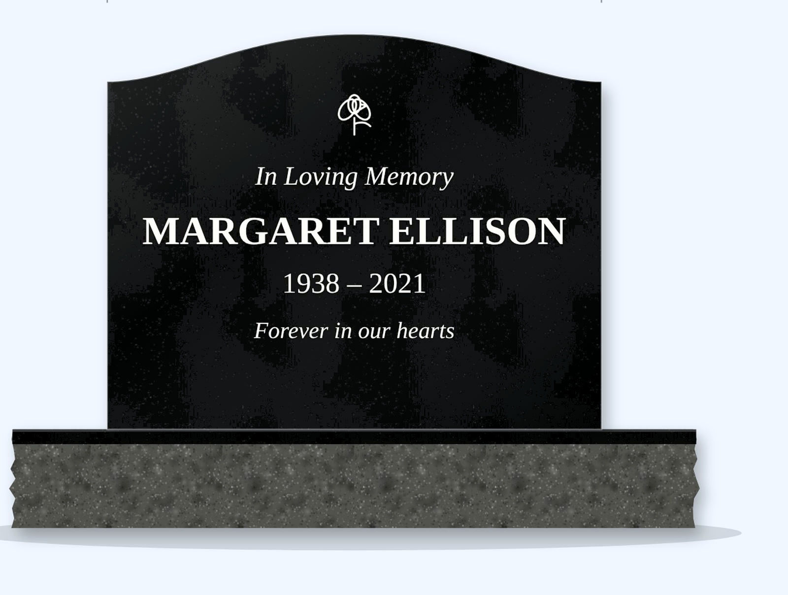 Absolute Black serpentine headstone on a granite base, engraved for Margaret Ellison