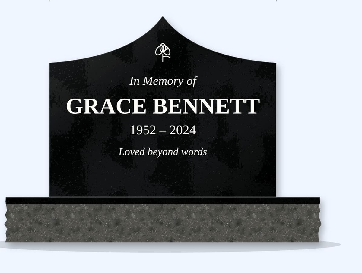 Absolute Black gable headstone on a granite base, engraved for Grace Bennett
