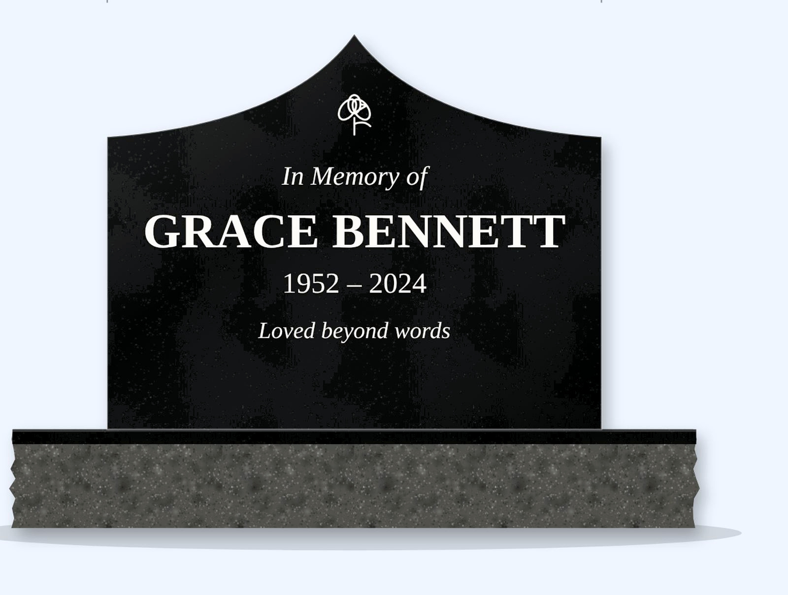 Absolute Black gable headstone on a granite base, engraved for Grace Bennett