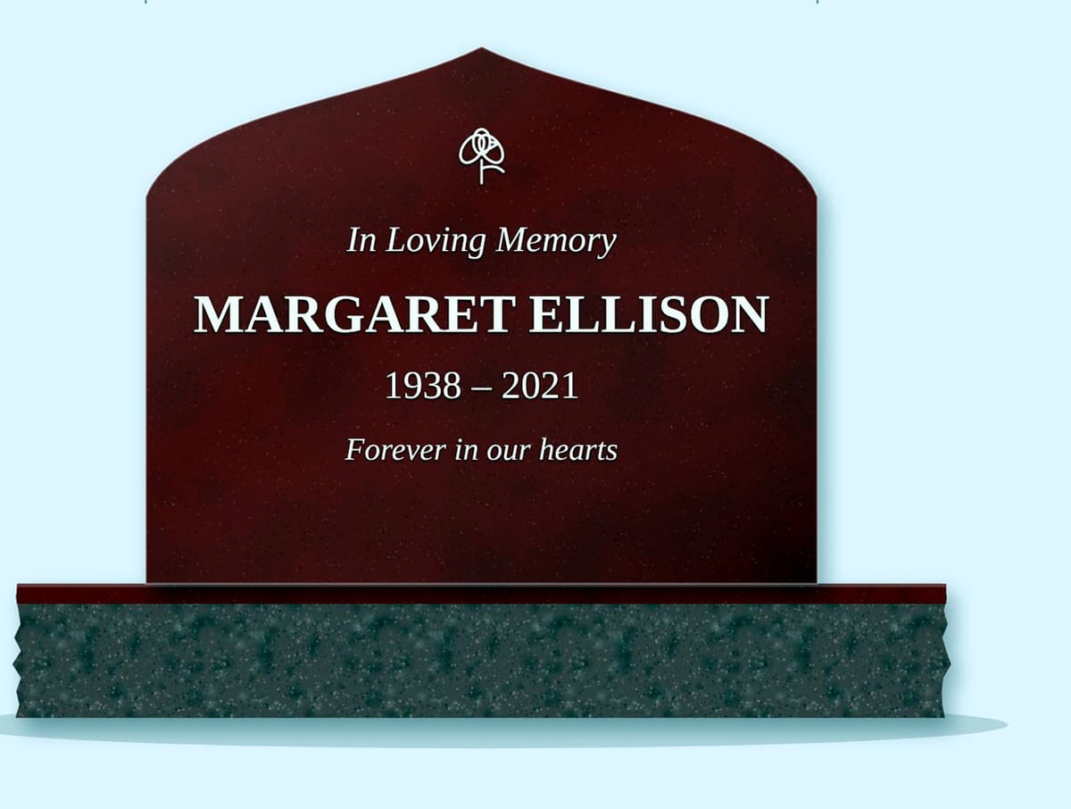 Indian Red curved peak headstone on a granite base, engraved for Margaret Ellison