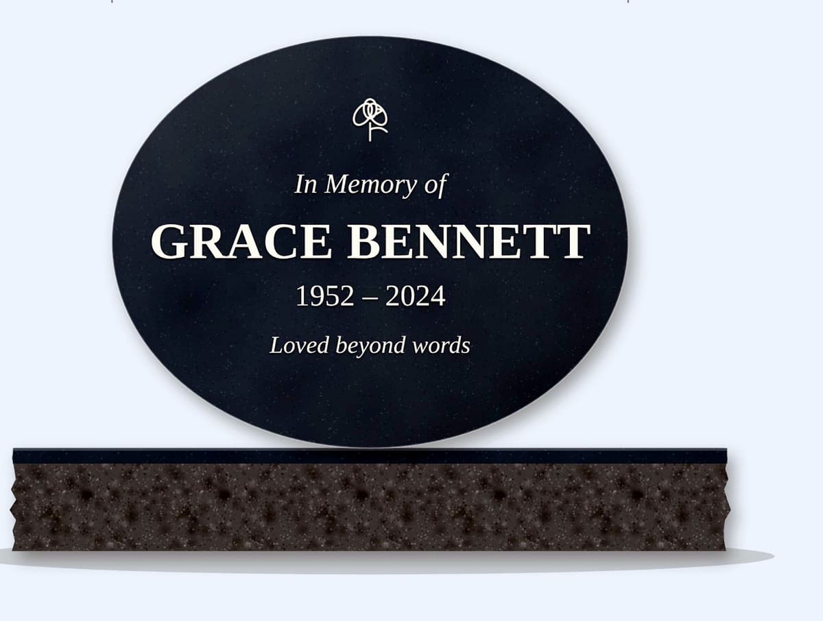 Bahamas Blue oval headstone on a granite base, engraved for Grace Bennett