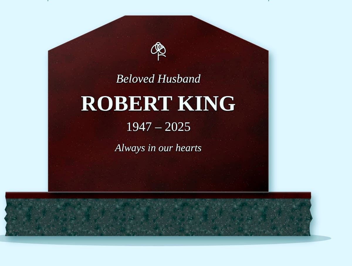 Indian Red peak headstone on a granite base, engraved for Robert King