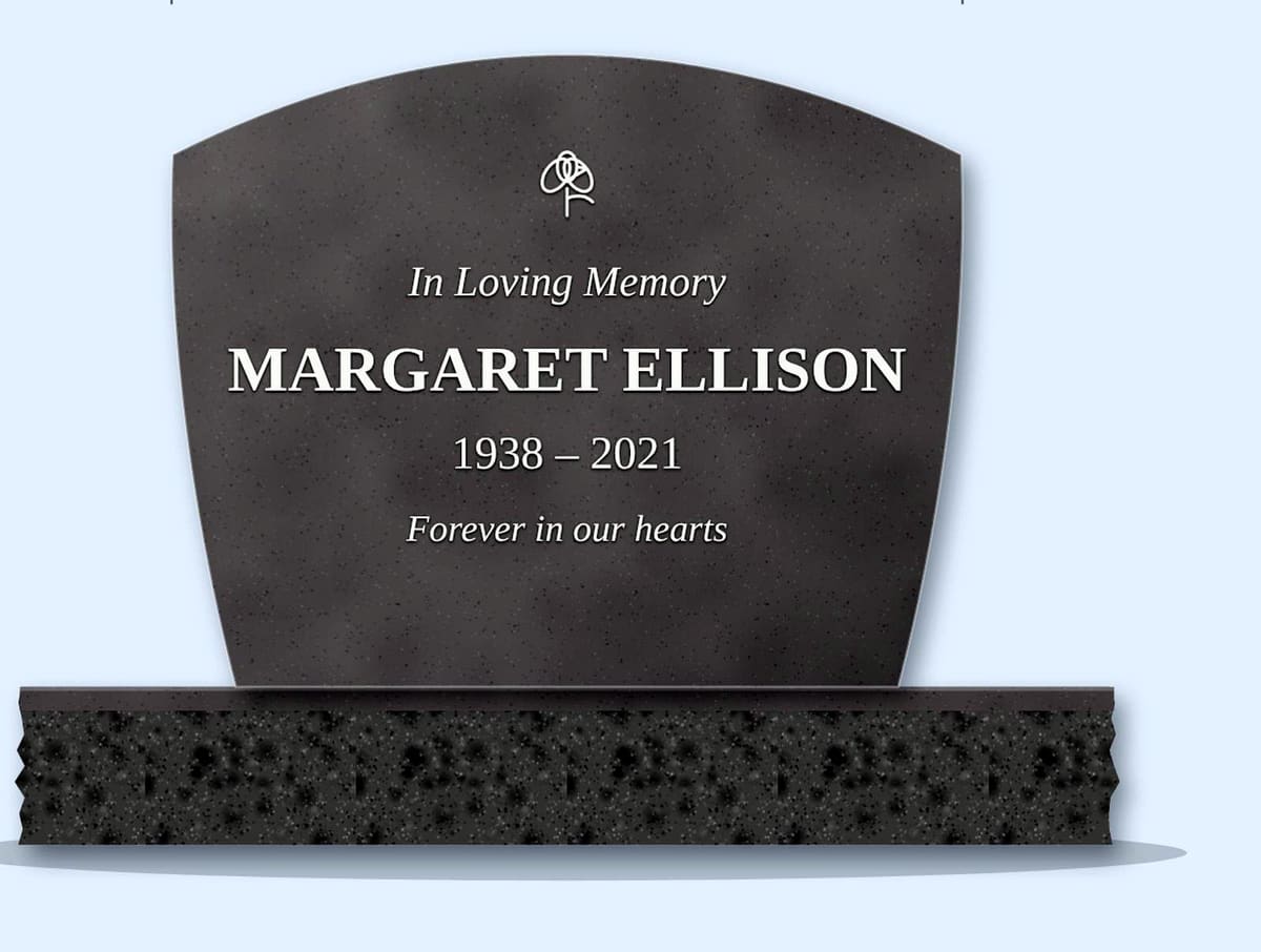 Indian Grey swoop headstone on a granite base, engraved for Margaret Ellison