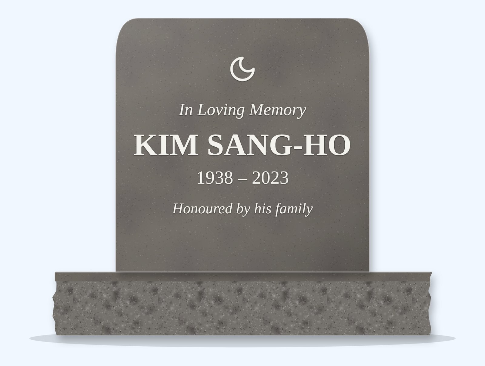 Steel Grey rounded headstone on a granite base, engraved for Kim Sang-ho