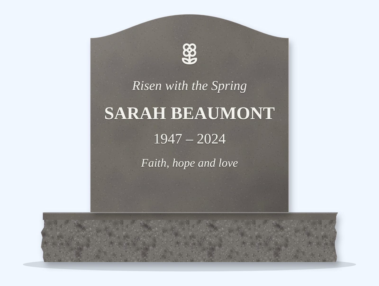 Steel Grey serpentine headstone on a granite base, engraved for Sarah Beaumont