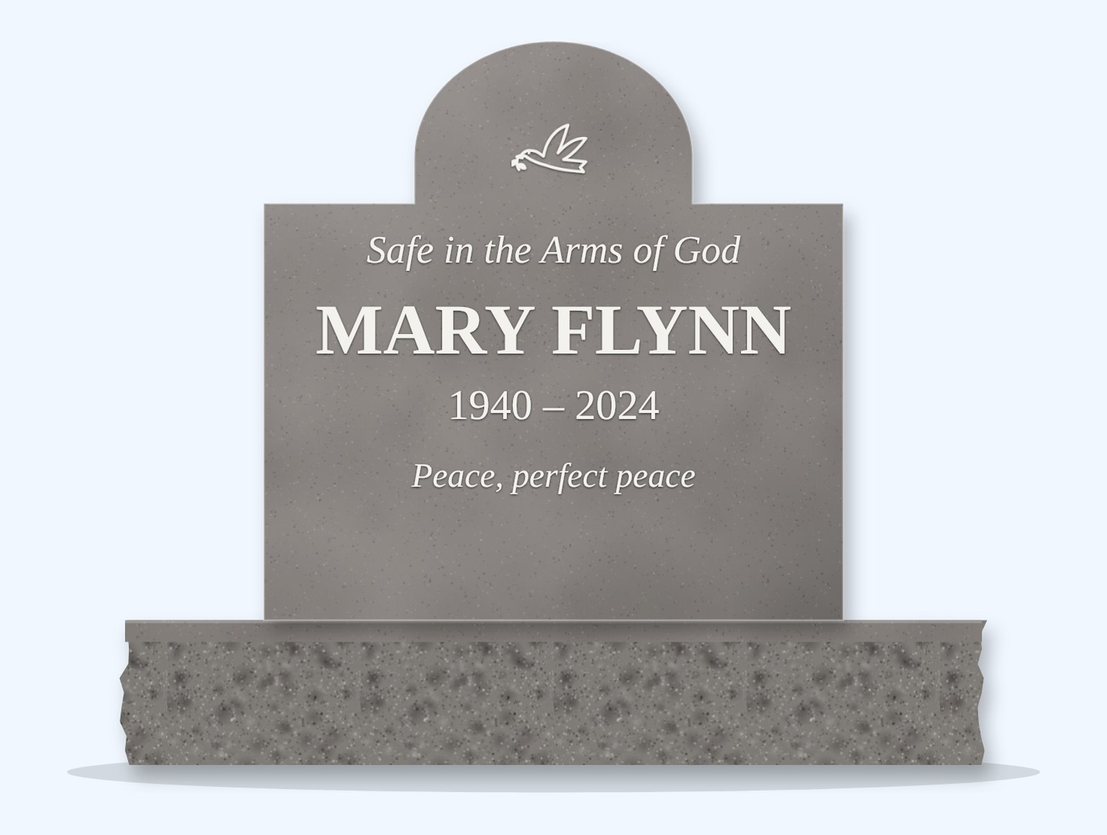 Indian Grey cathedral headstone on a granite base, engraved for Mary Flynn