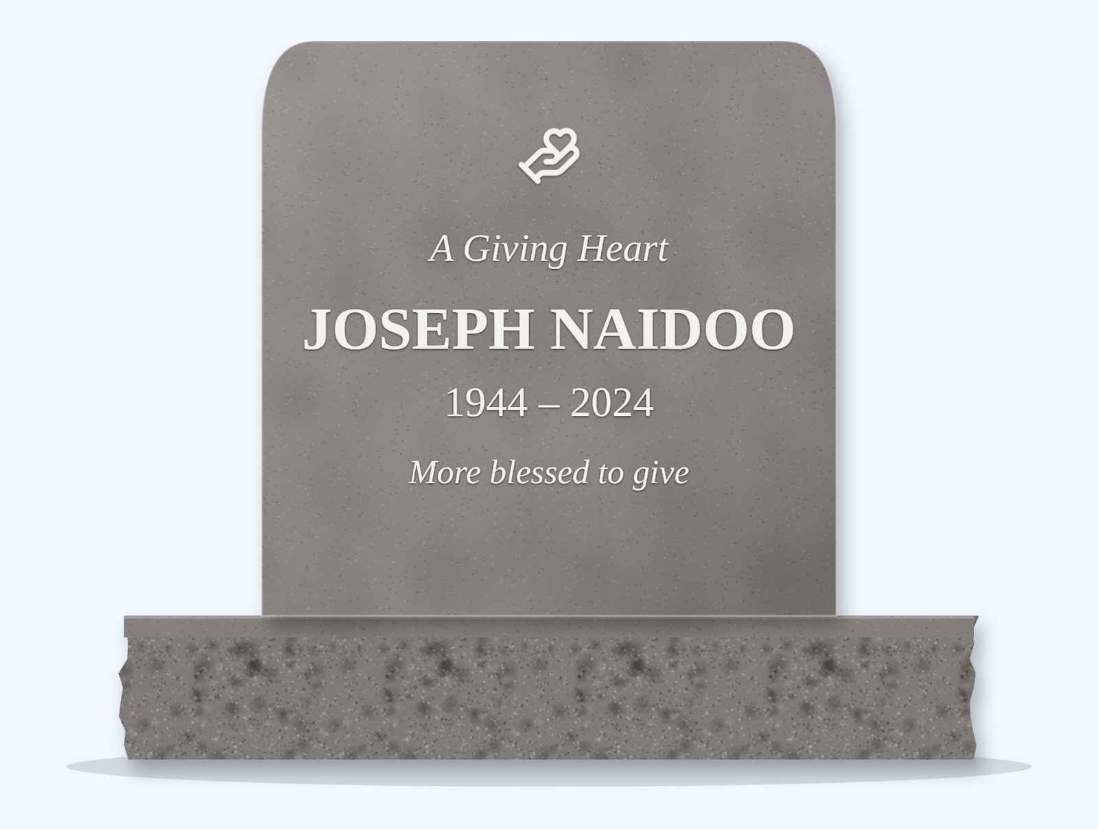 Indian Grey rounded headstone on a granite base, engraved for Joseph Naidoo