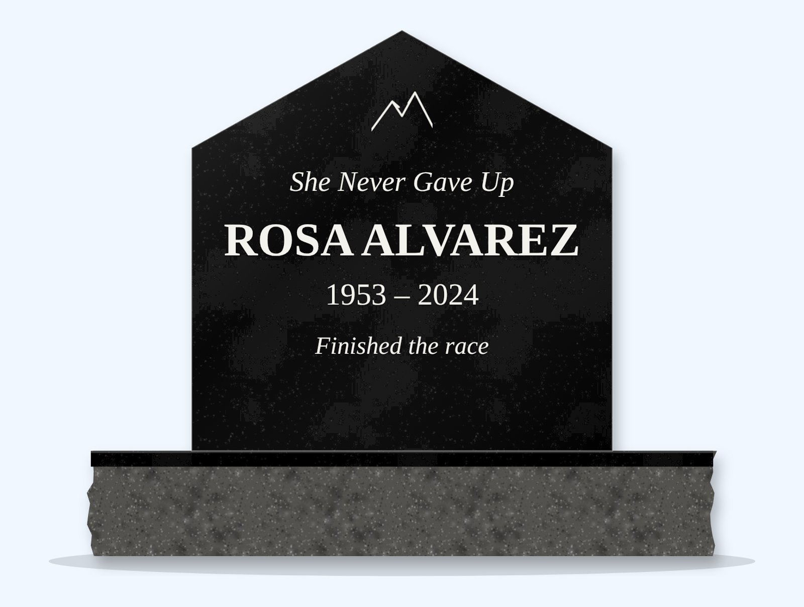 Absolute Black gable headstone on a granite base, engraved for Rosa Alvarez