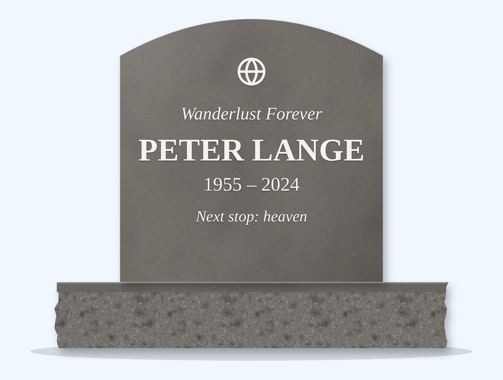 Steel Grey curved-top headstone on a granite base, engraved for Peter Lange