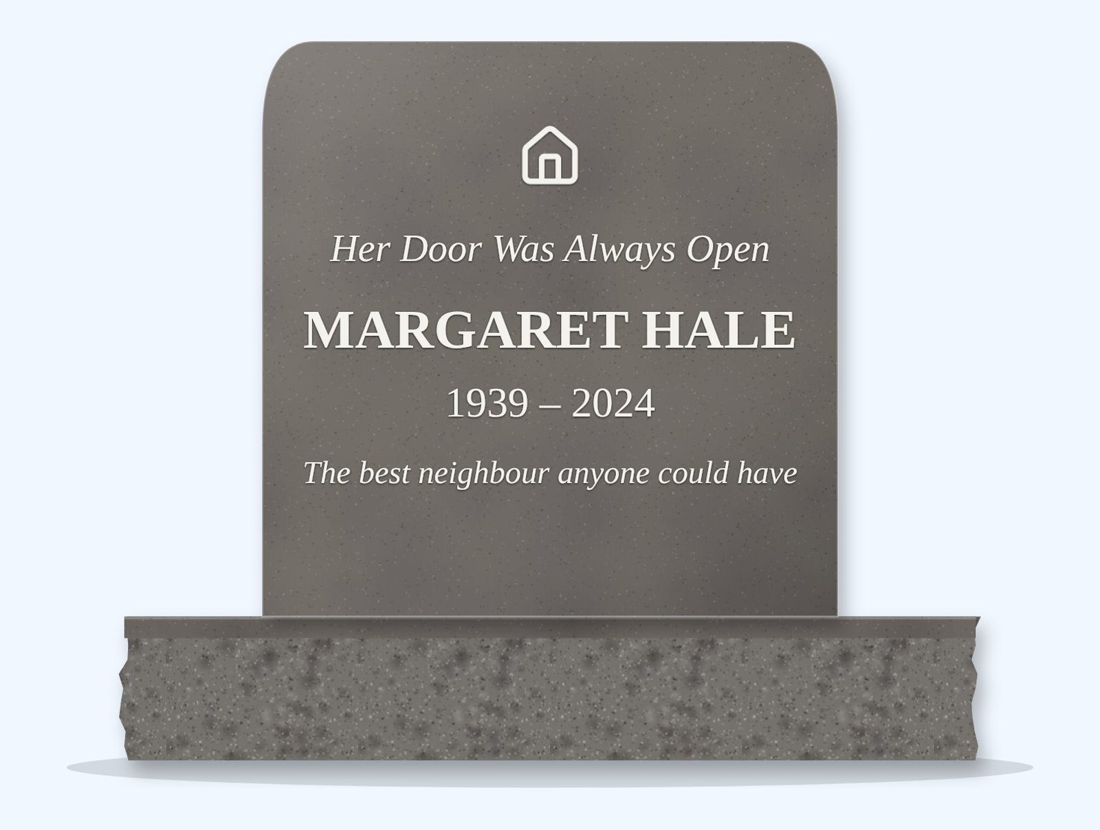 Steel Grey rounded headstone on a granite base, engraved for Margaret Hale