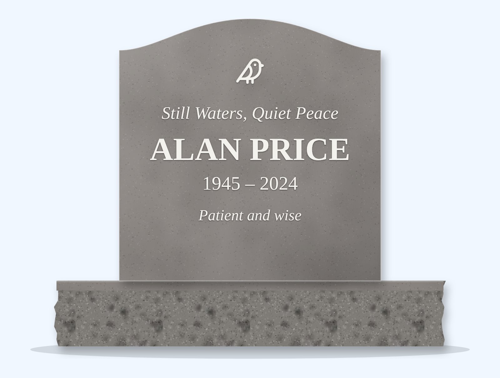 Indian Grey serpentine headstone on a granite base, engraved for Alan Price