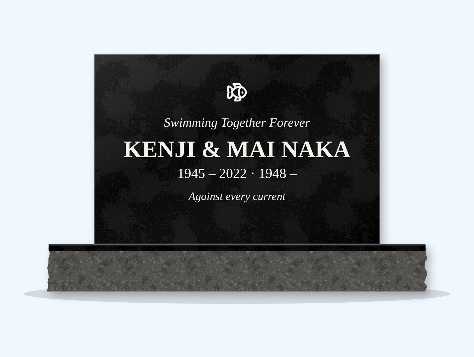 Absolute Black square headstone on a granite base, engraved for Kenji & Mai Naka
