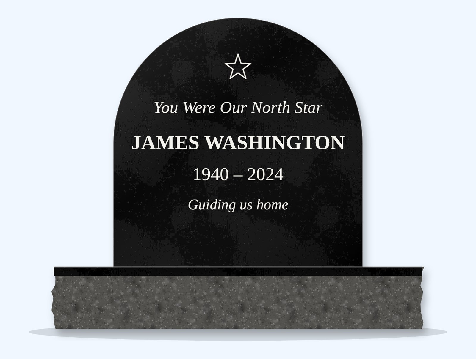 Absolute Black half-round headstone on a granite base, engraved for James Washington