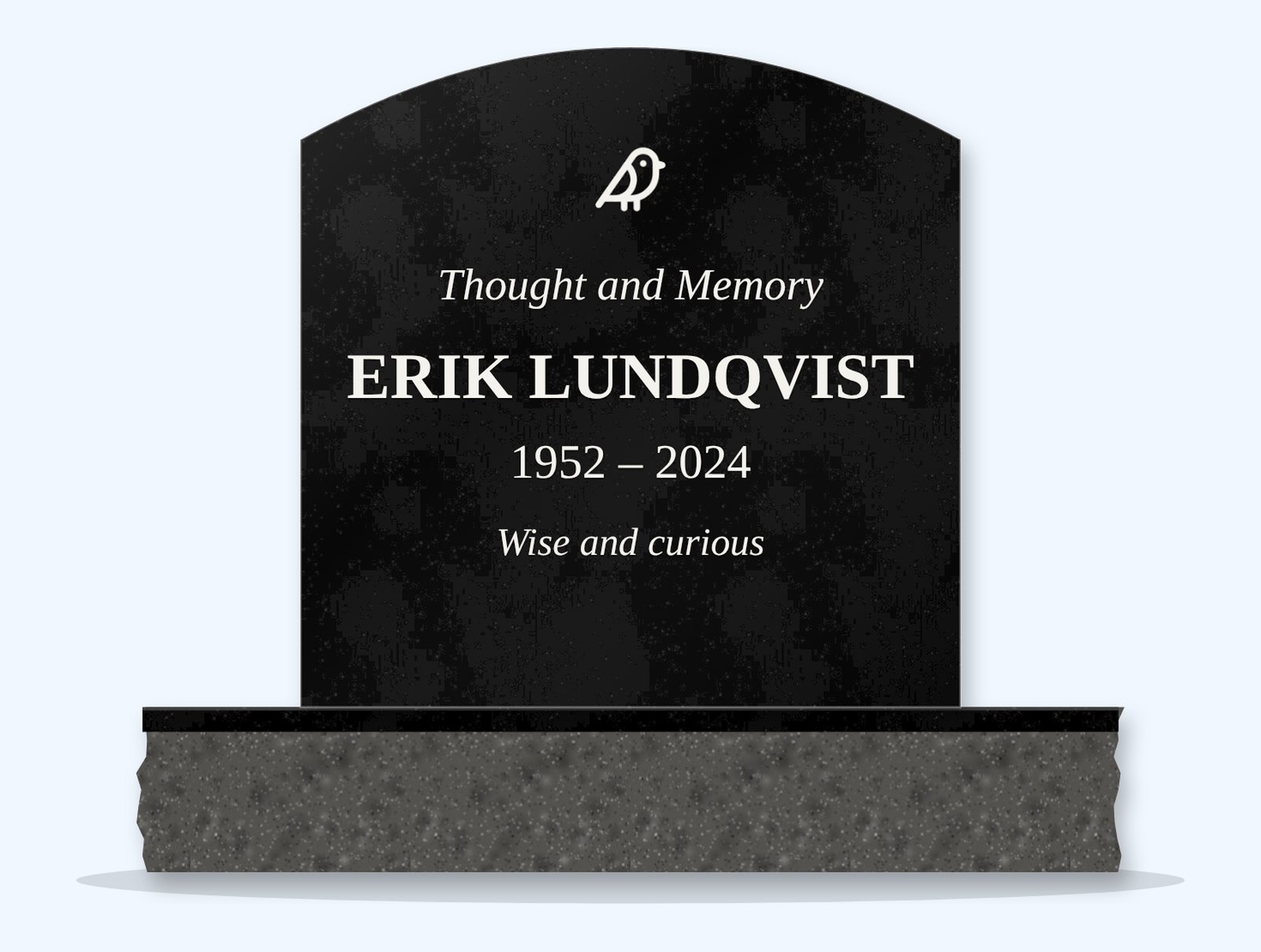 Absolute Black curved-top headstone on a granite base, engraved for Erik Lundqvist