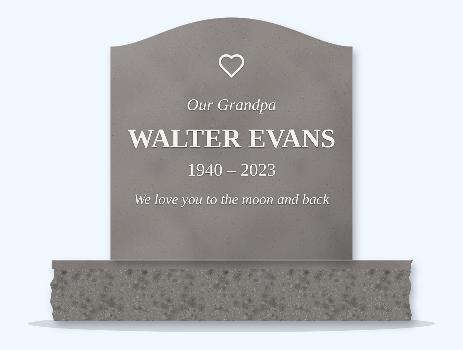 Indian Grey serpentine headstone on a granite base, engraved for Walter Evans