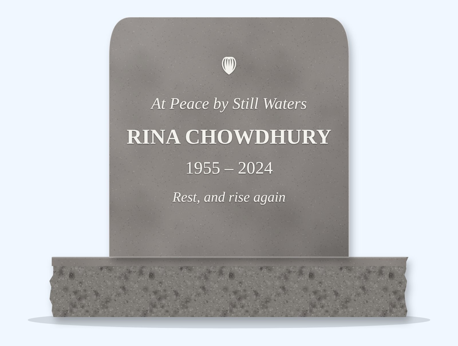 Indian Grey rounded headstone on a granite base, engraved for Rina Chowdhury