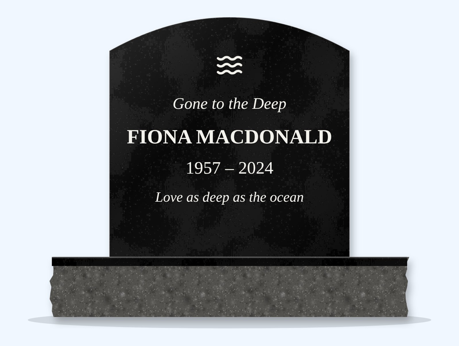 Absolute Black curved-top headstone on a granite base, engraved for Fiona MacDonald