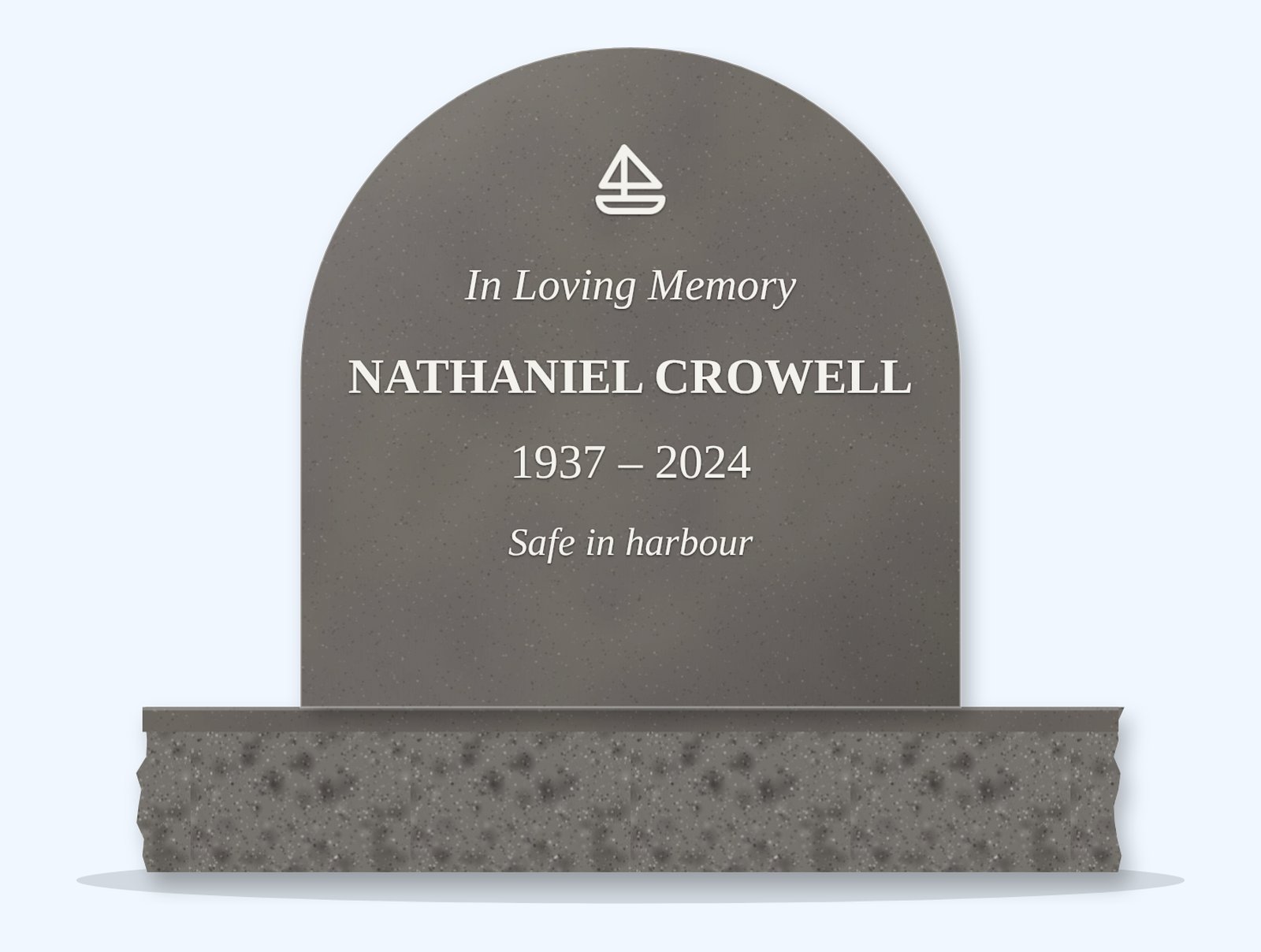 Grey half-round headstone on a granite base, engraved for Nathaniel Crowell