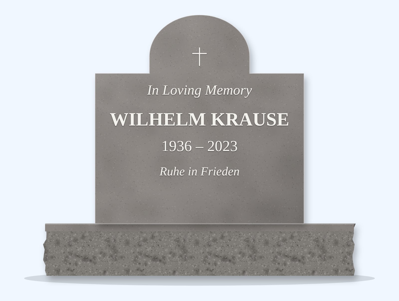 Indian Grey cathedral headstone on a granite base, engraved for Wilhelm Krause