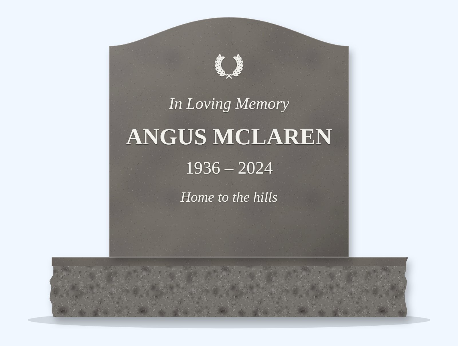 Grey serpentine headstone on a granite base, engraved for Angus McLaren