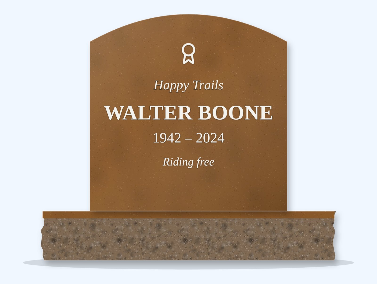 Tan Brown curved-top headstone on a granite base, engraved for Walter Boone
