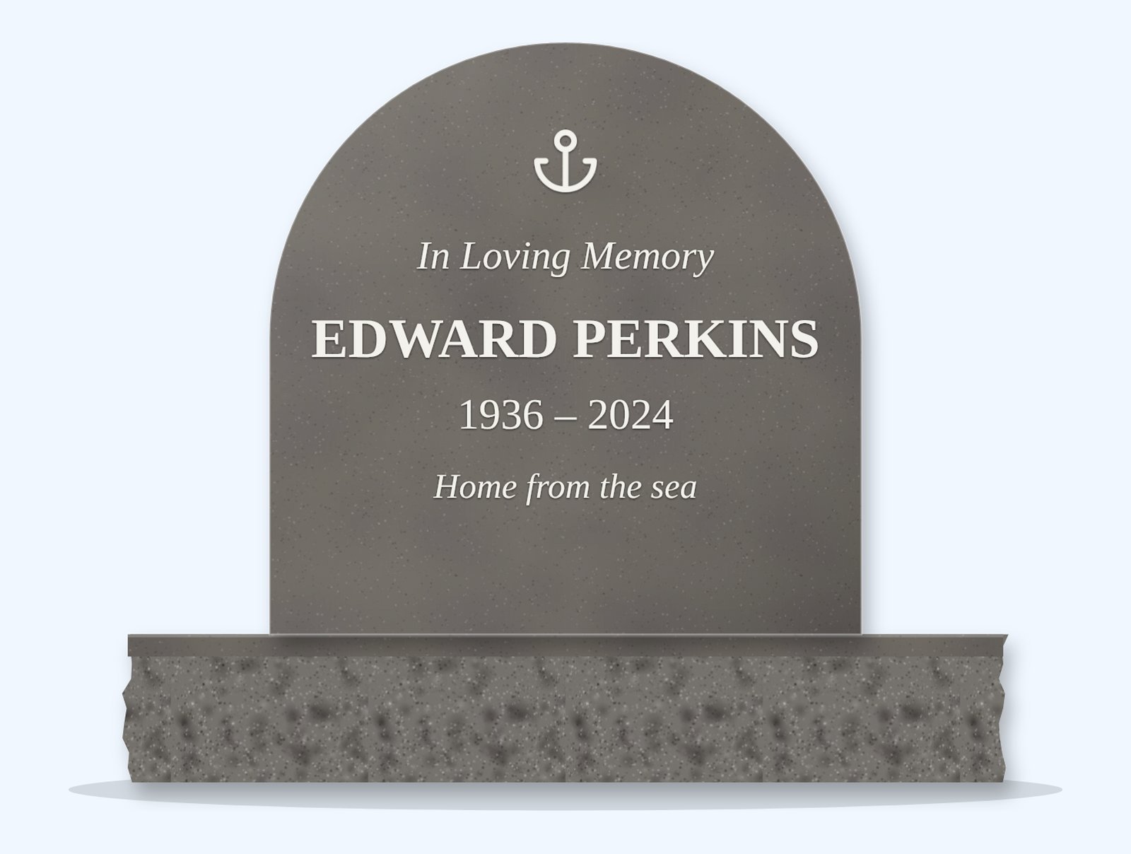 Grey half-round headstone on a granite base, engraved for Edward Perkins