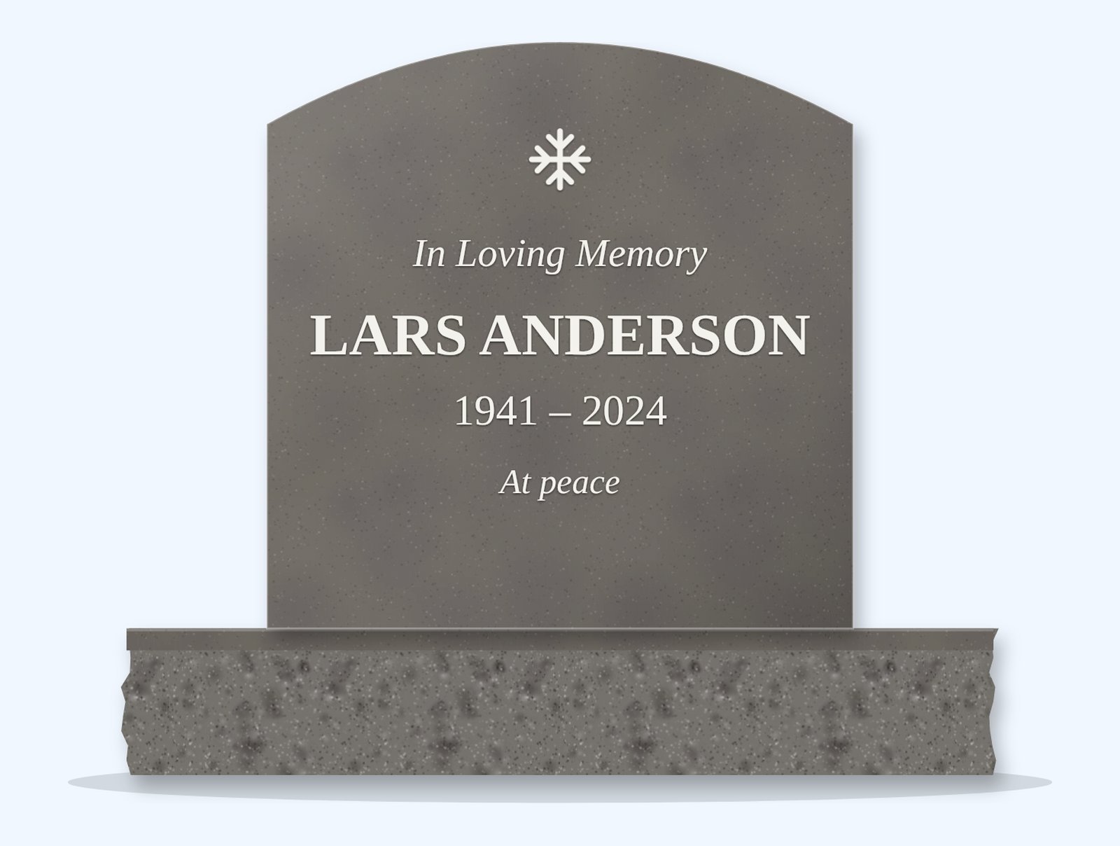 Grey curved-top headstone on a granite base, engraved for Lars Anderson