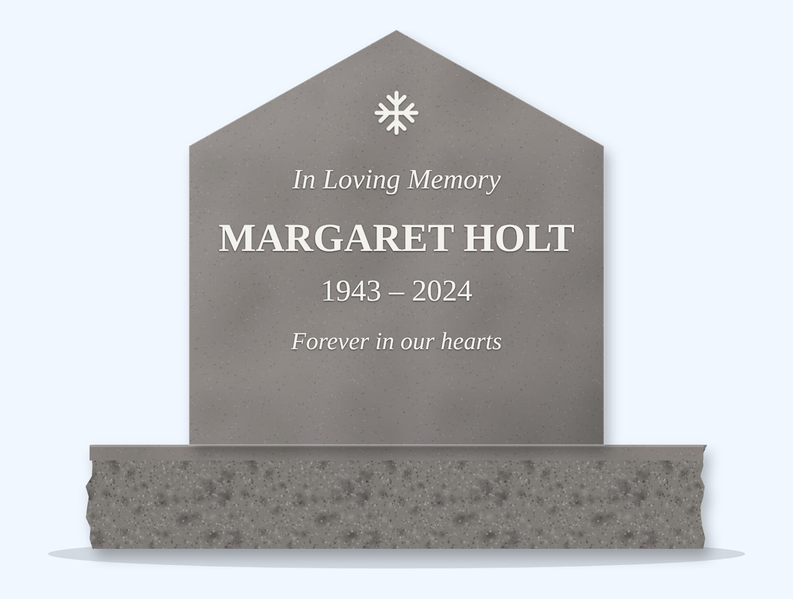Indian Grey gable headstone on a granite base, engraved for Margaret Holt