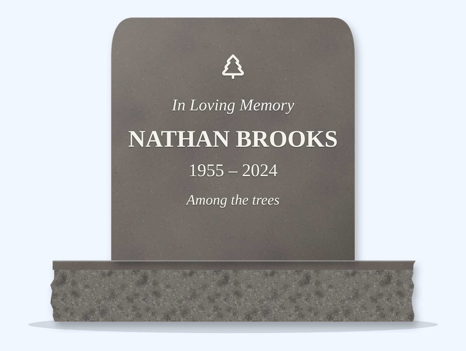 Grey rounded headstone on a granite base, engraved for Nathan Brooks