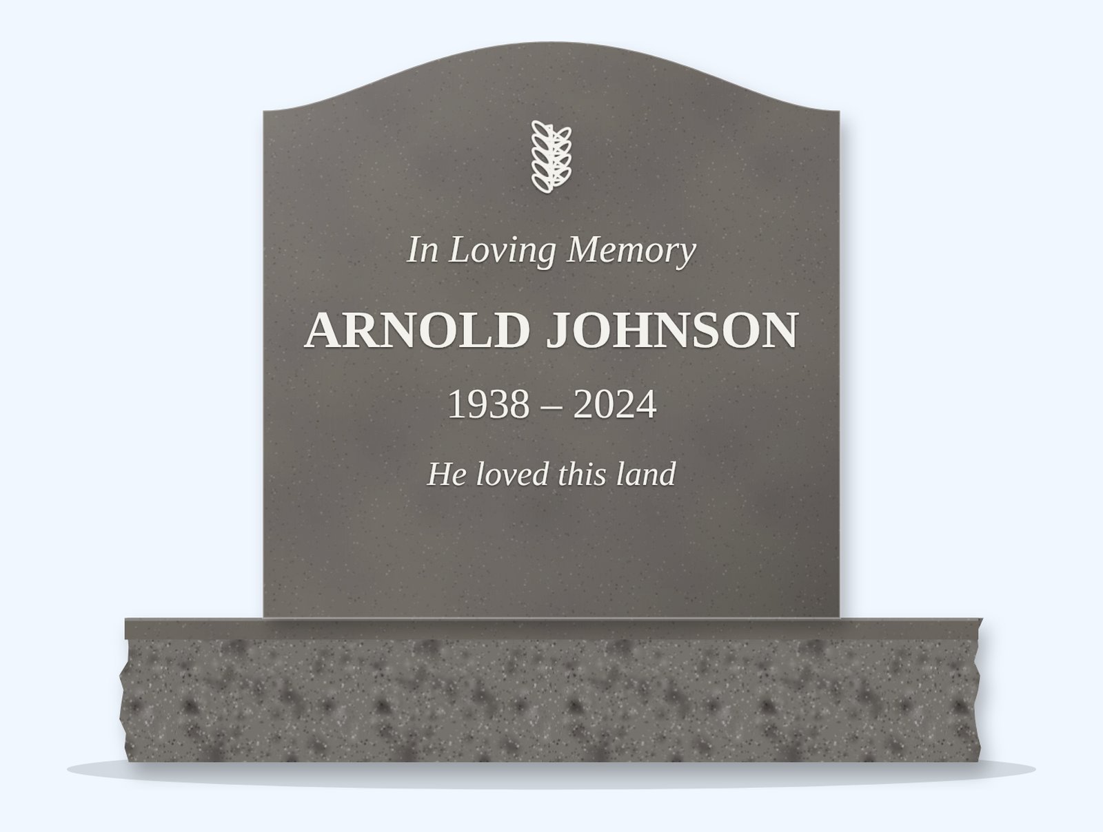 Grey serpentine headstone on a granite base, engraved for Arnold Johnson