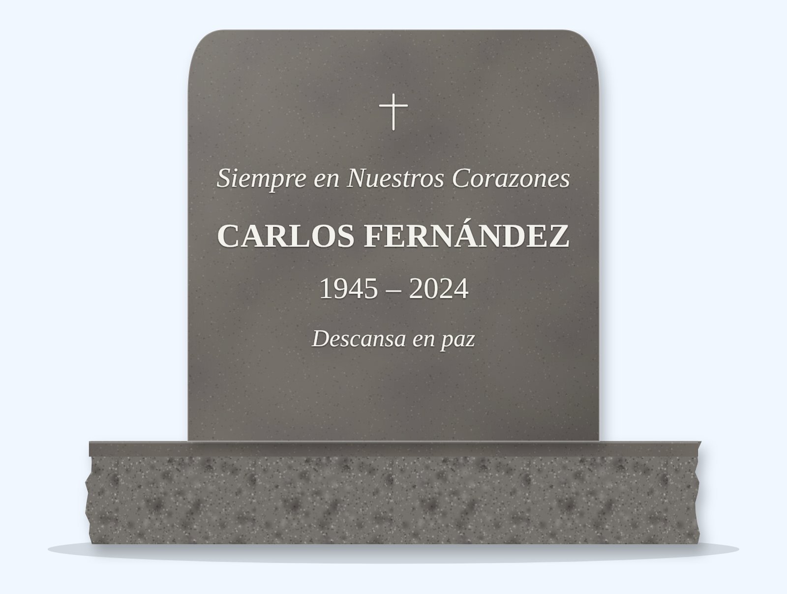 Grey rounded headstone on a granite base, engraved for Carlos Fernández
