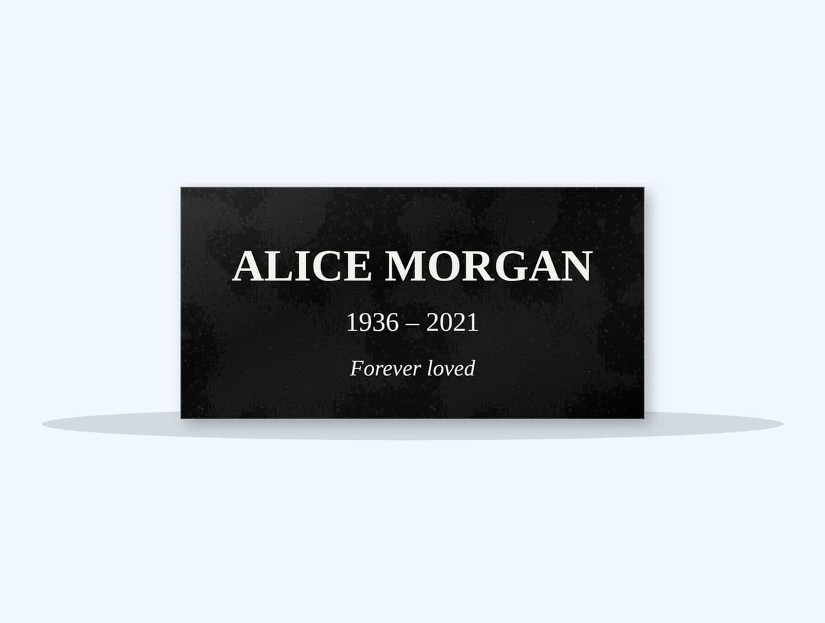 Absolute Black flat grave marker engraved for Alice Morgan